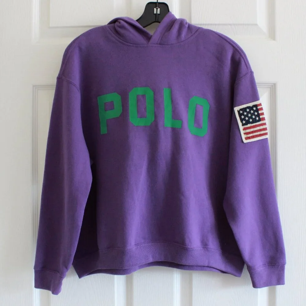 Polo Ralph Lauren Girl's Logo Fleece Hoodie Flag Patch Purple